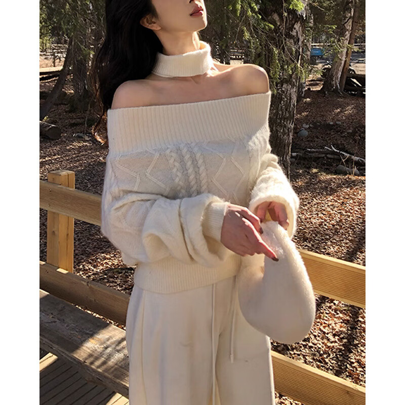 by onion 秋冬可外穿一字肩红色毛衣女慵懒高级感内搭羊毛针织衫 米白色 L