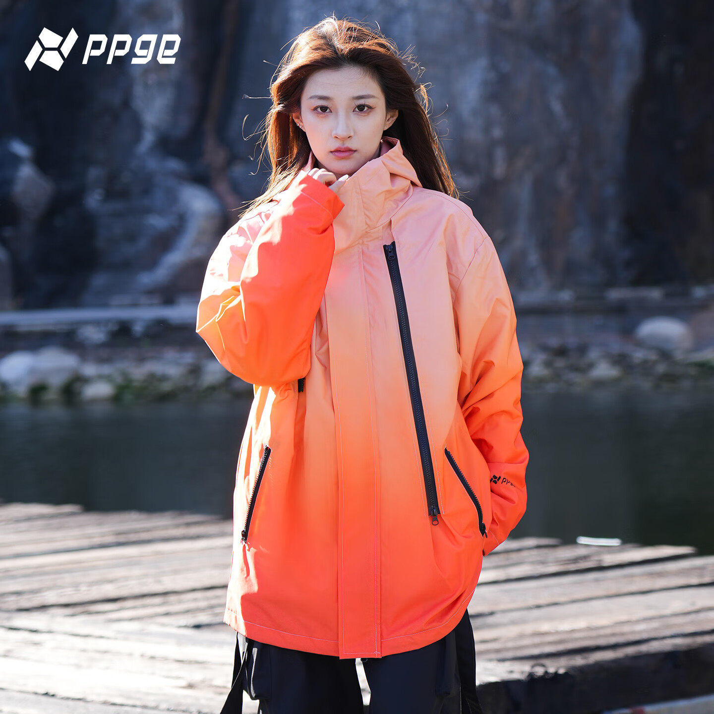 PPGE高级渐变三合一冲锋夹克防风防泼水户外登山衣服男女同款运动外套 高级渐变-日落橘三合一 M (170/88A)