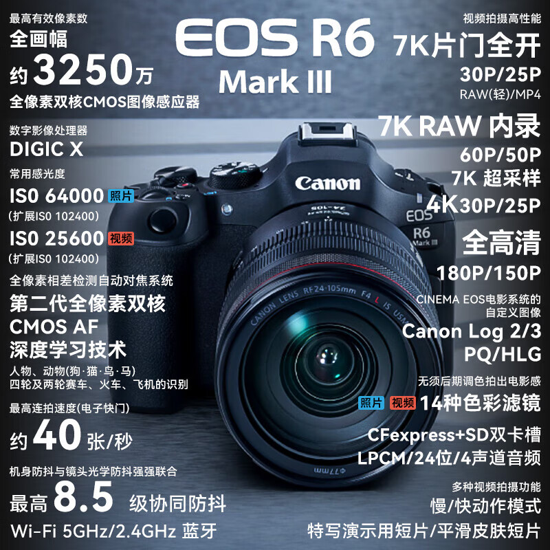 佳能（Canon）r6三代全画幅微单相机 视频数码高清R63代 EOS R6 Mark III专业级【需开箱保卡盖章】 R6三代+RF24-105 STM镜头套机 官方标配【不含内存卡基础配件 推荐购买套餐】