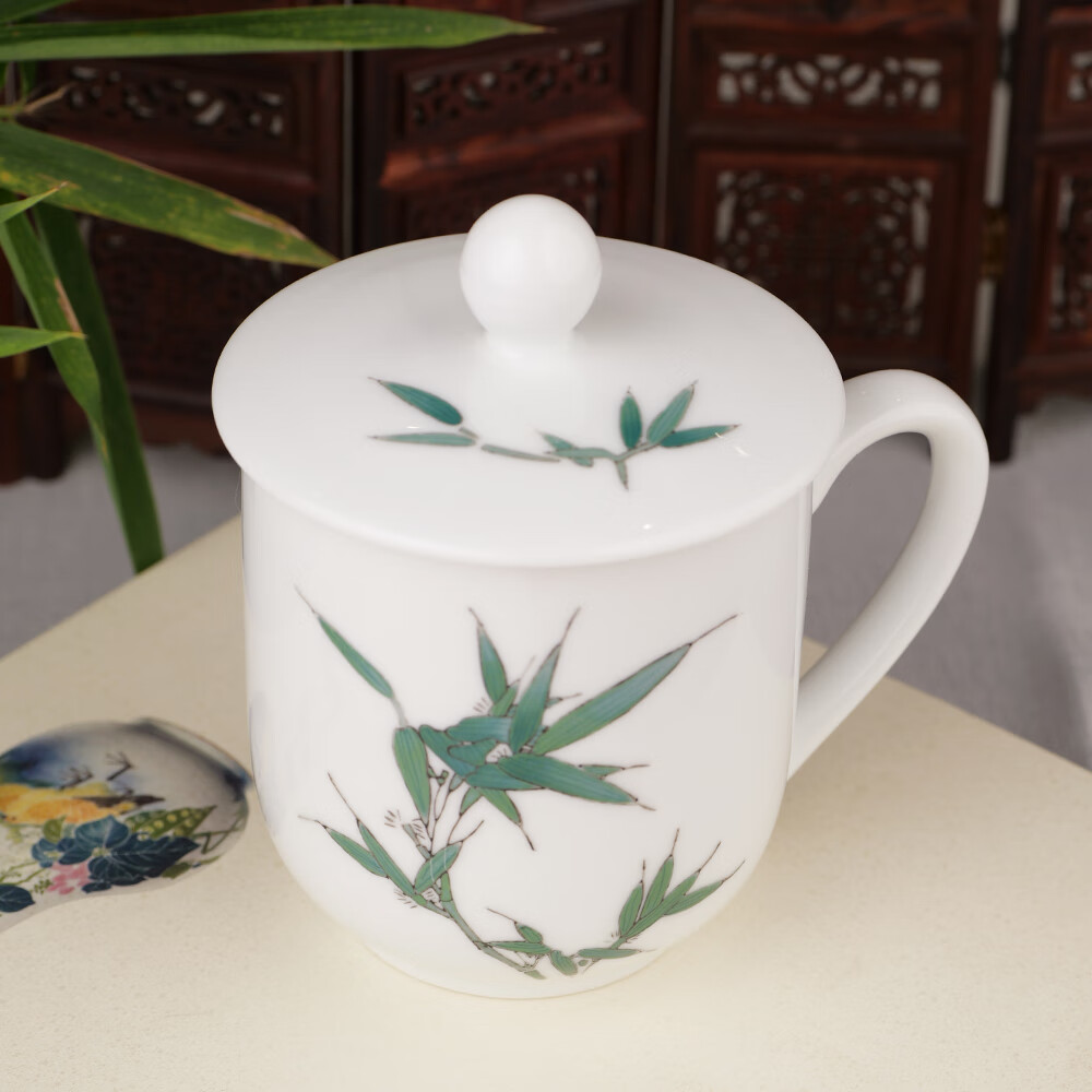 振美醴陵办公室茶杯带盖会议杯 主人杯喝水杯 国瓷陶瓷 人民水杯400ml 松树单杯-礼盒装