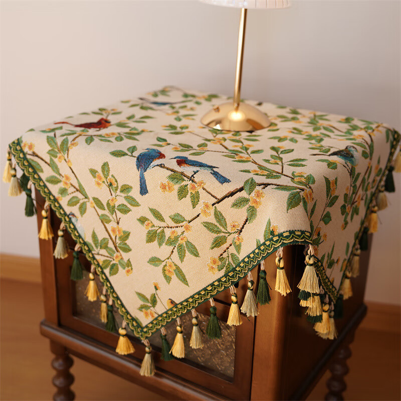 鹿婕法式复古风枝头鹦鹉桌布棉麻高级拍照氛围感床头柜保护垫防尘垫 枝头鹦鹉 四周绿色坠子【请勿机洗】 120*120cm