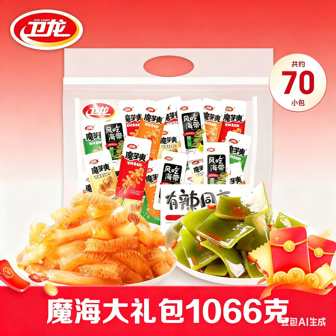 卫龙魔海大礼包1066g魔芋爽海带办公室零食休闲零食(新老款交替发货)