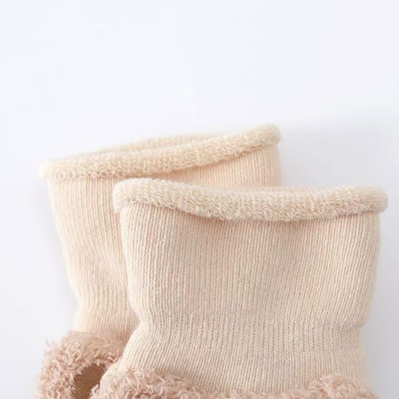 彩虹房子婴儿袜秋冬季宝宝袜儿童毛圈加绒保暖防滑地板鞋套公仔周岁袜 毛圈熊-咖色【一双装】 S码（0-1岁）脚长8-10cm内