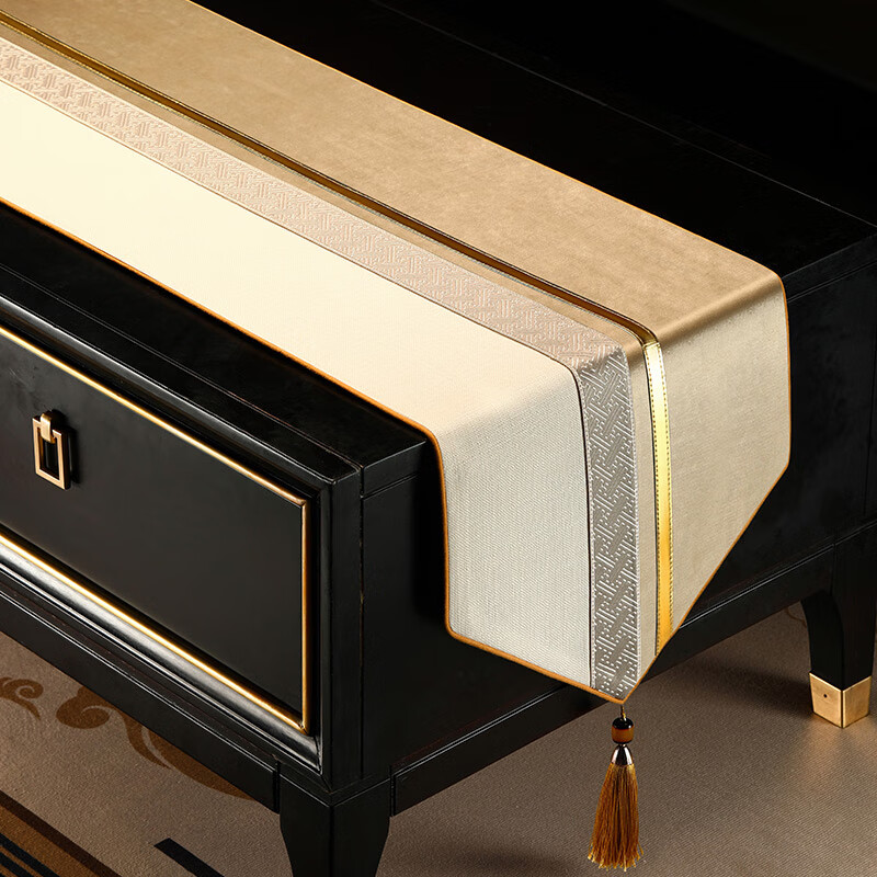 華幔盛庭桌旗輕奢高端新中式茶幾墊布茶桌布長條餐桌布電視柜裝飾布茶桌布 福澤綿長米黃拼接刺繡款 35*178cm(適合桌長1.3-1.4米)