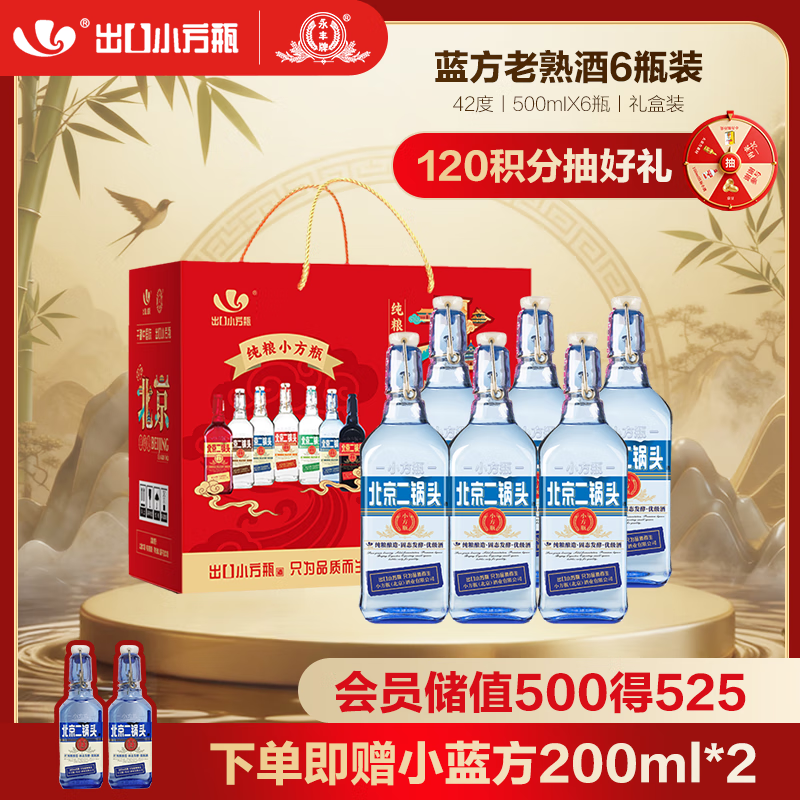 永丰牌 出口小方瓶蓝方 清香型白酒 42度 500ml*6瓶 北京二锅头