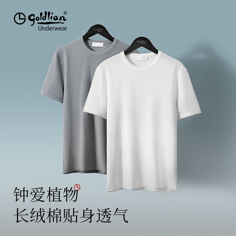 金利来（Goldlion）男士T恤男夏季圆领长绒棉短袖透气吸汗宽松休闲内搭打底衫纯色 月白 L (170) /170