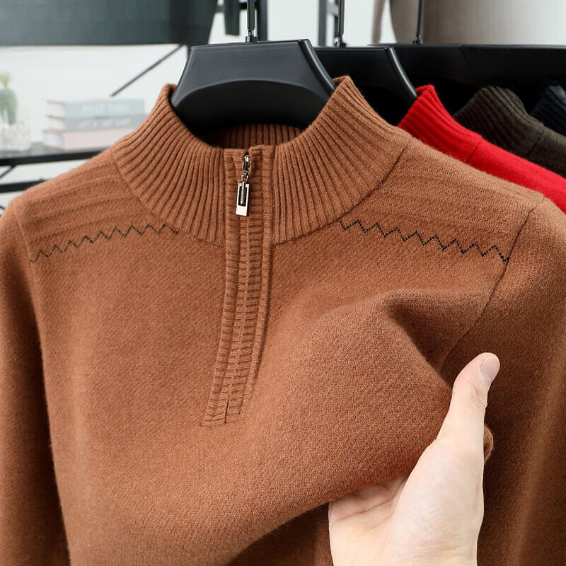 EMZ鄂尔多斯斯啄木鸟高端羊毛衫男半高拉链领中年冬季加厚套头打底衫 65902咸菜 4XL 190建议180-210斤