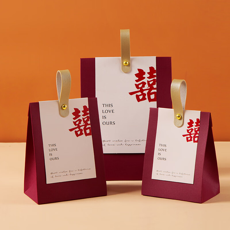 OYKTN结婚喜糖盒子新中式高级感手提式婚礼伴手礼回礼空盒糖果盒包装袋 酒红大喜+金皮条 大号50