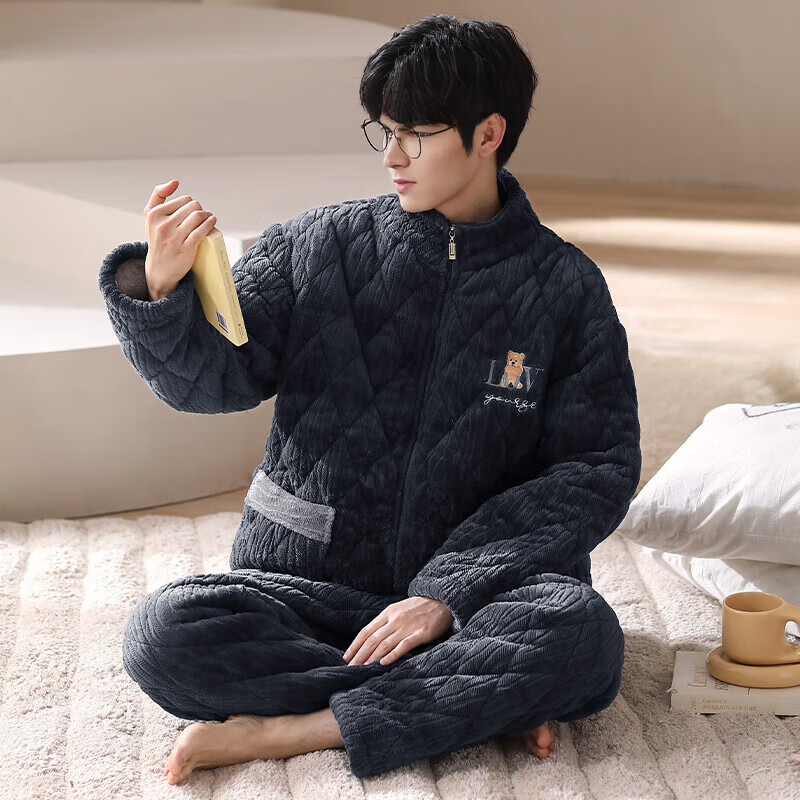 芬腾【清仓】情侣珊瑚绒夹棉睡衣女士冬季三层加厚男抗静电家居服套装 FX25950388藏兰【单男款】 XL 建议:女124-142,男146-165斤