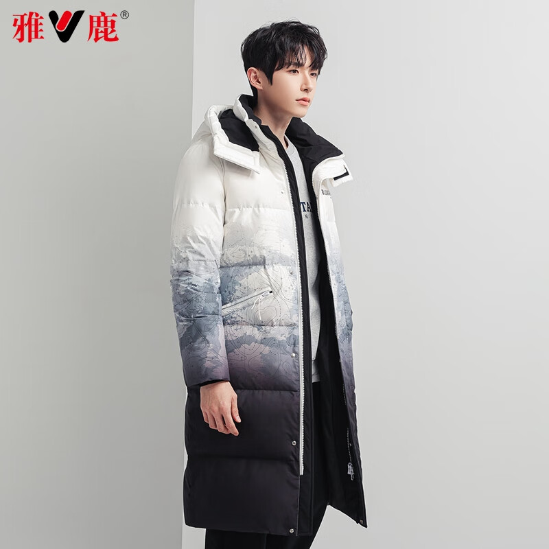 雅鹿羽绒服男女2025冬季新款迷彩加厚连帽保暖鸭绒长款时尚外套潮Q 渐变花色男款 M 170 推荐125-145斤