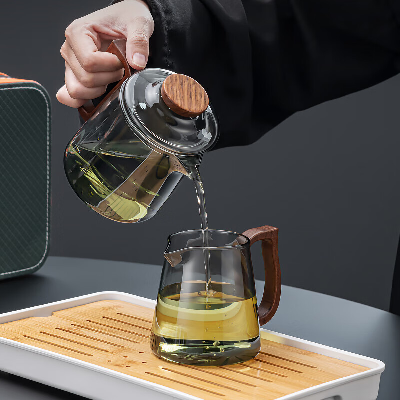 正扬玻璃旅行茶具套装办公便携高档整套一壶四杯功夫茶盘杯商务伴手礼 7头烟灰/木语壶+茶海+4木语杯+茶罐+巾夹+长条白+橙包