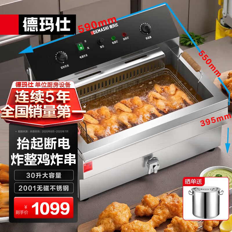 德玛仕(DEMASHI) 电炸炉商用 小吃油炸锅商用油炸机 油条机 薯条机 电炸锅 油炸炉 炸串机 炸鸡专用【单缸30升】DZL201V