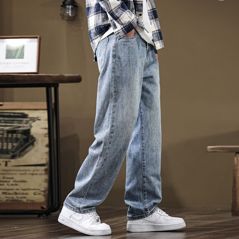 新百伦高端宽松牛仔裤男士春秋季直筒裤子男潮牌穿搭阔腿休闲男裤 浅蓝 常规 30 【合适115-130斤】
