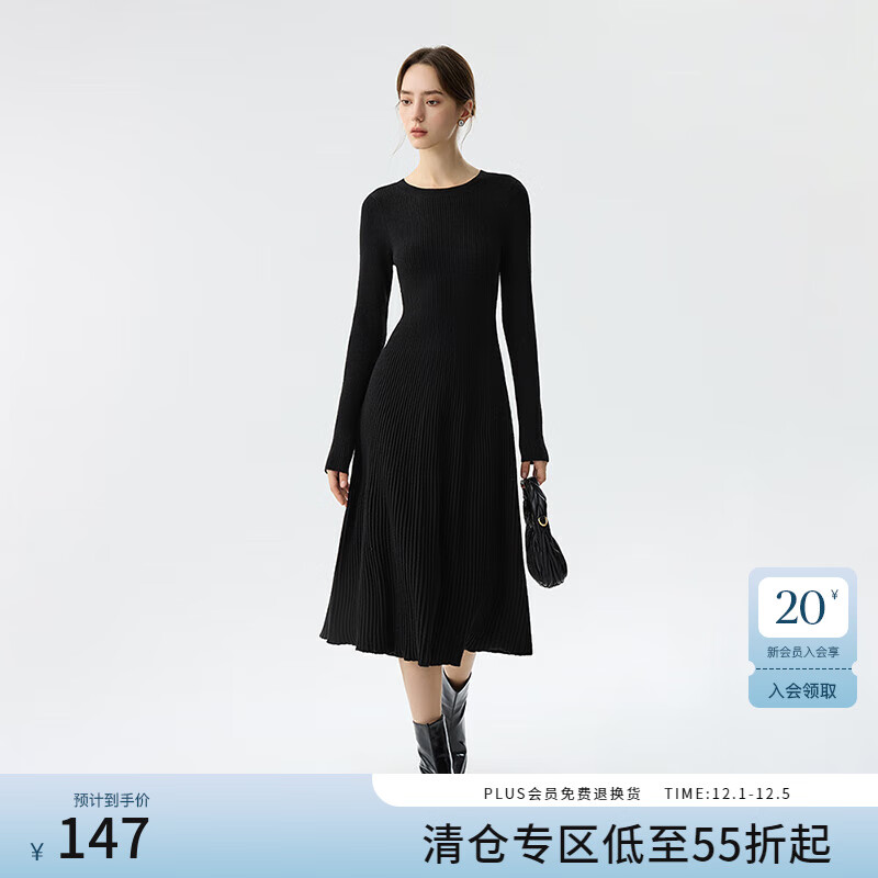 范思蓝恩圆领坑条长袖过膝修身显瘦针织衫连衣裙女冬季2024新款 燕麦色 L