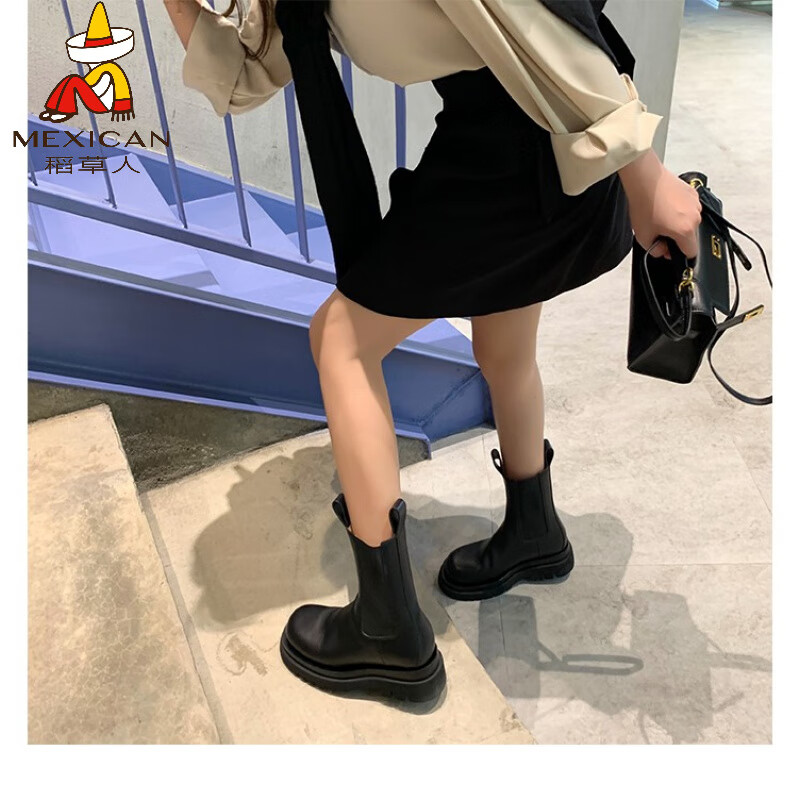 稻草人（MEXICAN）小个子厚底马丁靴女2026秋冬季新款内增高烟筒靴中筒切尔西短靴 黑色 【中筒】 35