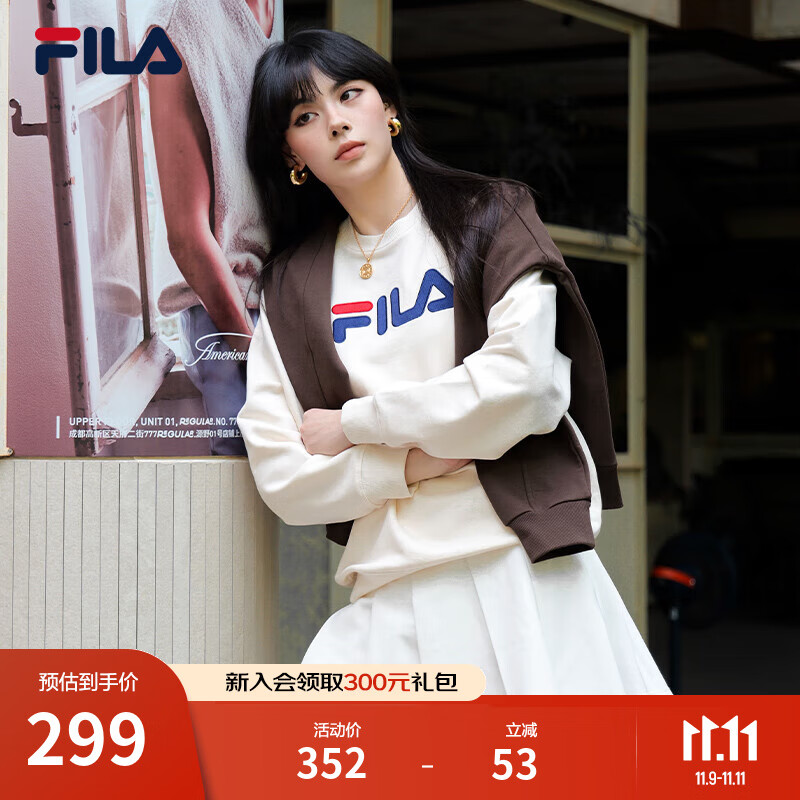 FILA 斐乐官方情侣款套头卫衣25秋冬季新款休闲宽松长袖加绒保暖上衣 【加绒款】蒸汽白-IV L 175/96A/L