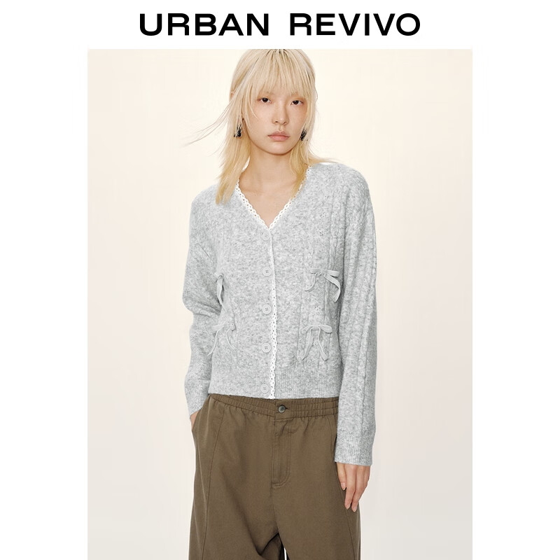 UR2025冬季新款女装拼接蕾丝蝴蝶结饰针织开衫UYY950144 浅灰 S