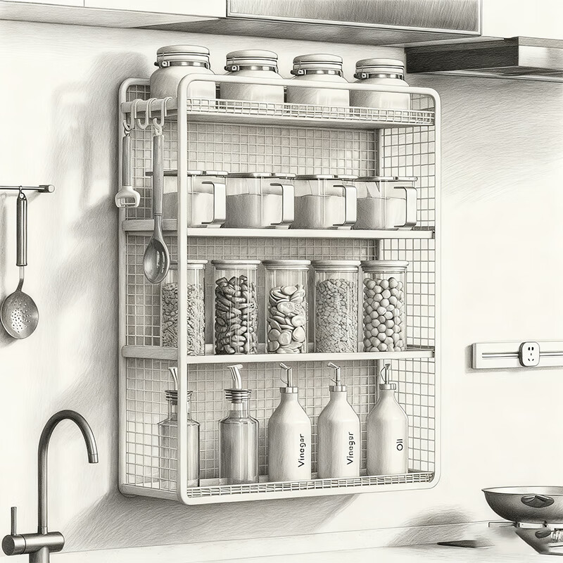 尔思家厨房置物架壁挂式调料架储物柜多层收纳家用免打孔多功能橱柜货架 【不锈钢/壁挂】三层30cm+挂钩*3