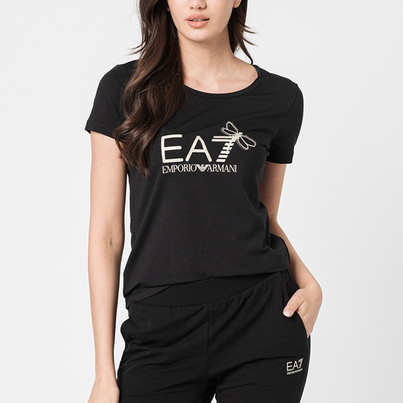 armaniea7女士蜻蜓图案莫代尔混棉短袖t恤3ltt25tjdzz奢饰品潮牌 黑色