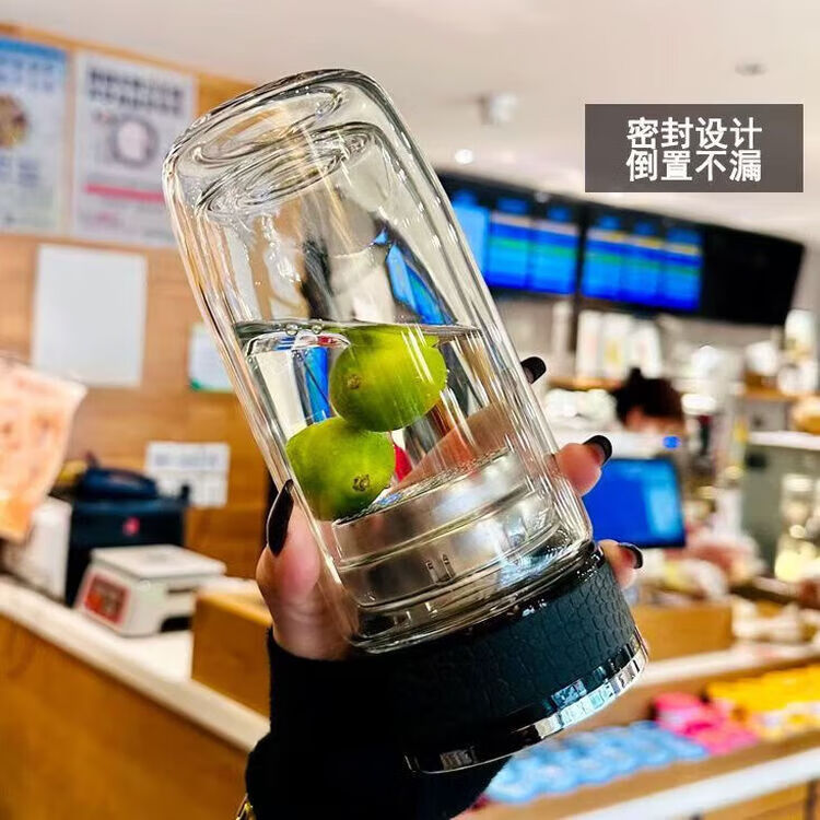 鹅蛋杯玻璃杯双层茶水分离大容量双层水杯茶杯 红色皮纹鹅蛋杯1只装