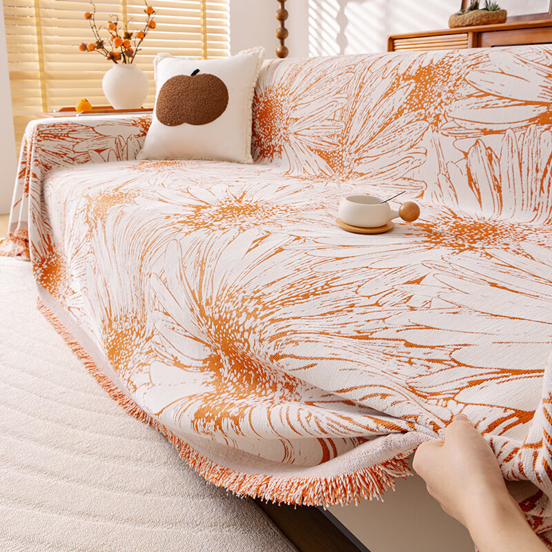 金拾美月防猫抓雪尼尔沙发盖布巾四季通用防滑沙发坐垫全包沙发套罩毯 太阳花雪尼尔-橙色 180cm*130cm (适用于单人位/脚踏)