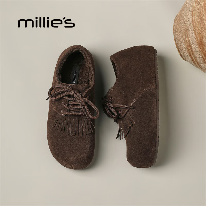 妙丽勃肯鞋女平底加绒复古乐福鞋保暖潮流2025冬季新款百搭通勤单鞋 咖色 35 (225mm) 标准码