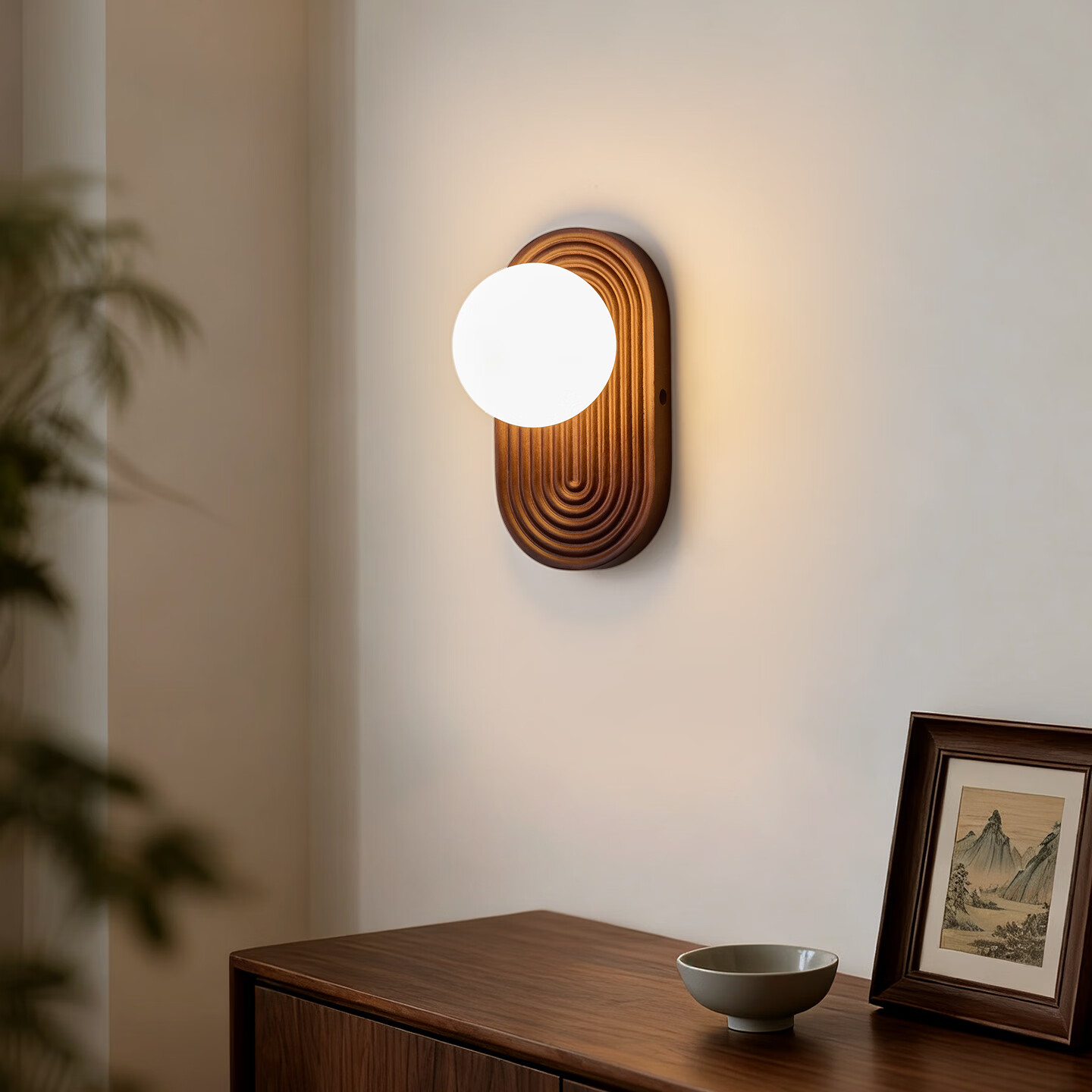 春在观木中古风卧室床头灯胡桃木客厅背景墙灯设计师款走廊过道氛围壁灯 胡桃木【月环壁灯】+三色光