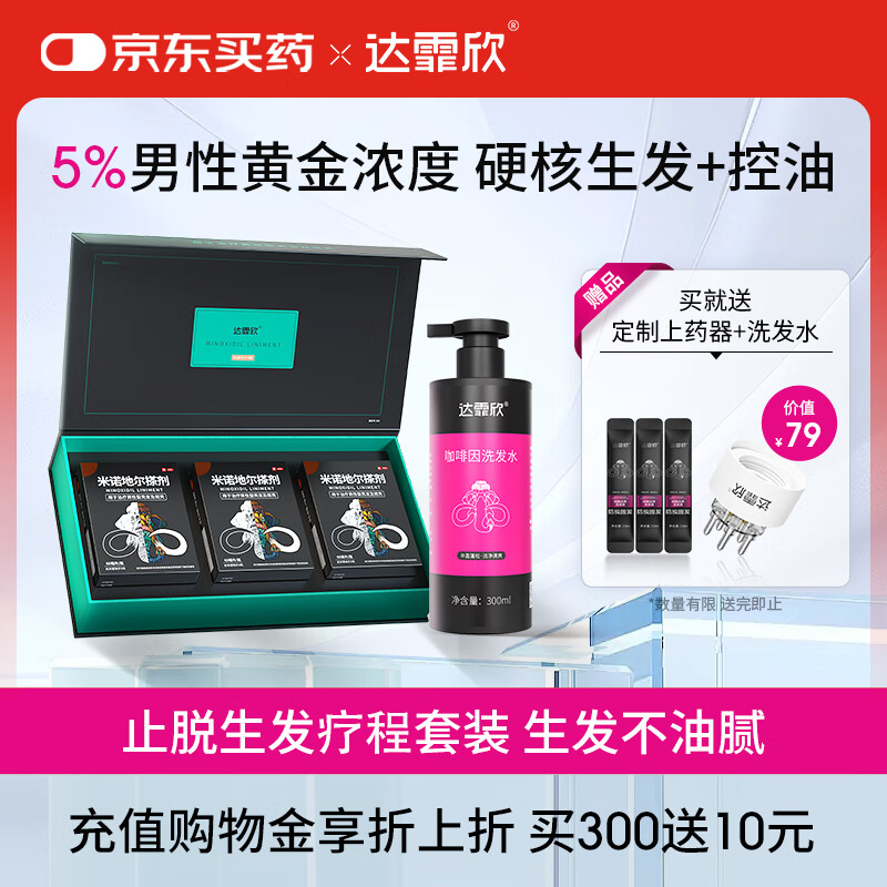【治脱生发CP套装】 达霏欣米诺地尔酊搽剂男士5%浓度60ml*3礼盒装+咖啡因丰盈蓬松强韧发丝控油洗发水300ml组合