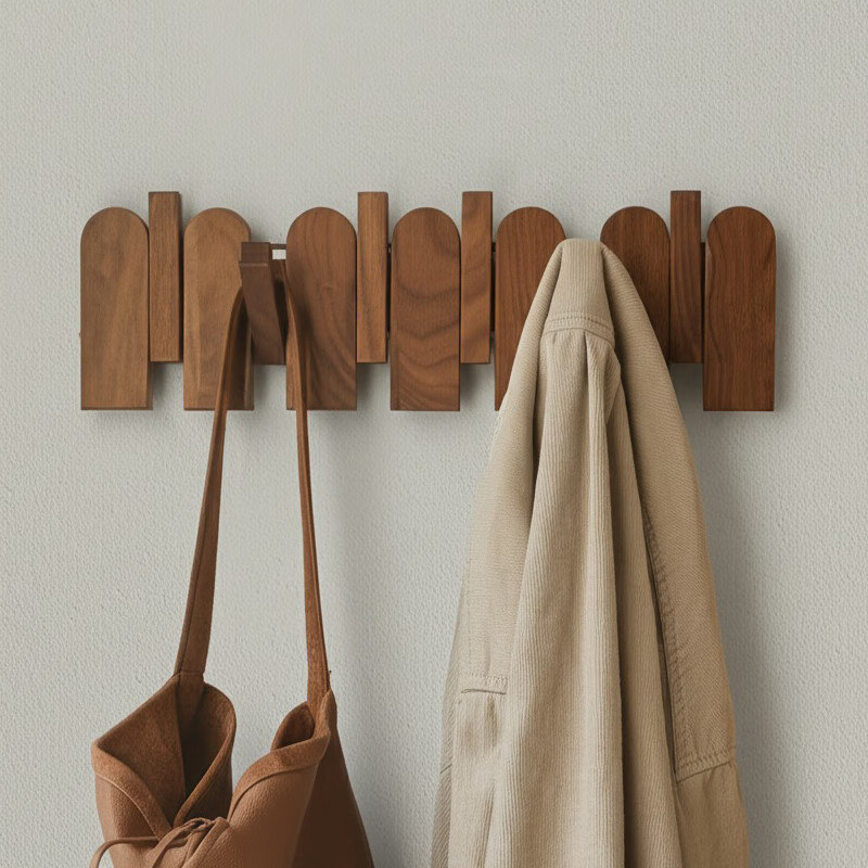 尔思家高端实木衣帽架入户玄关挂衣架室内墙上免打孔高级感钢琴键挂衣架 北美FAS级黑胡桃/4钩