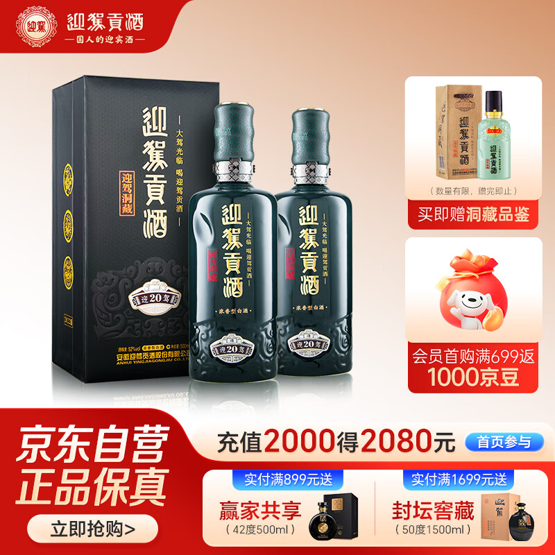 迎驾贡酒 迎驾洞藏20浓香型白酒 52度 500ml*2瓶双瓶装婚宴喜酒