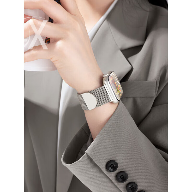 适用S11苹果手表S10表带米兰尼斯透气iwatch9代磁吸腕带applewatchS876运动简约男女SE3金属ultra2 黑色 双磁吸官款 适用苹果s10/s11通用 46mm