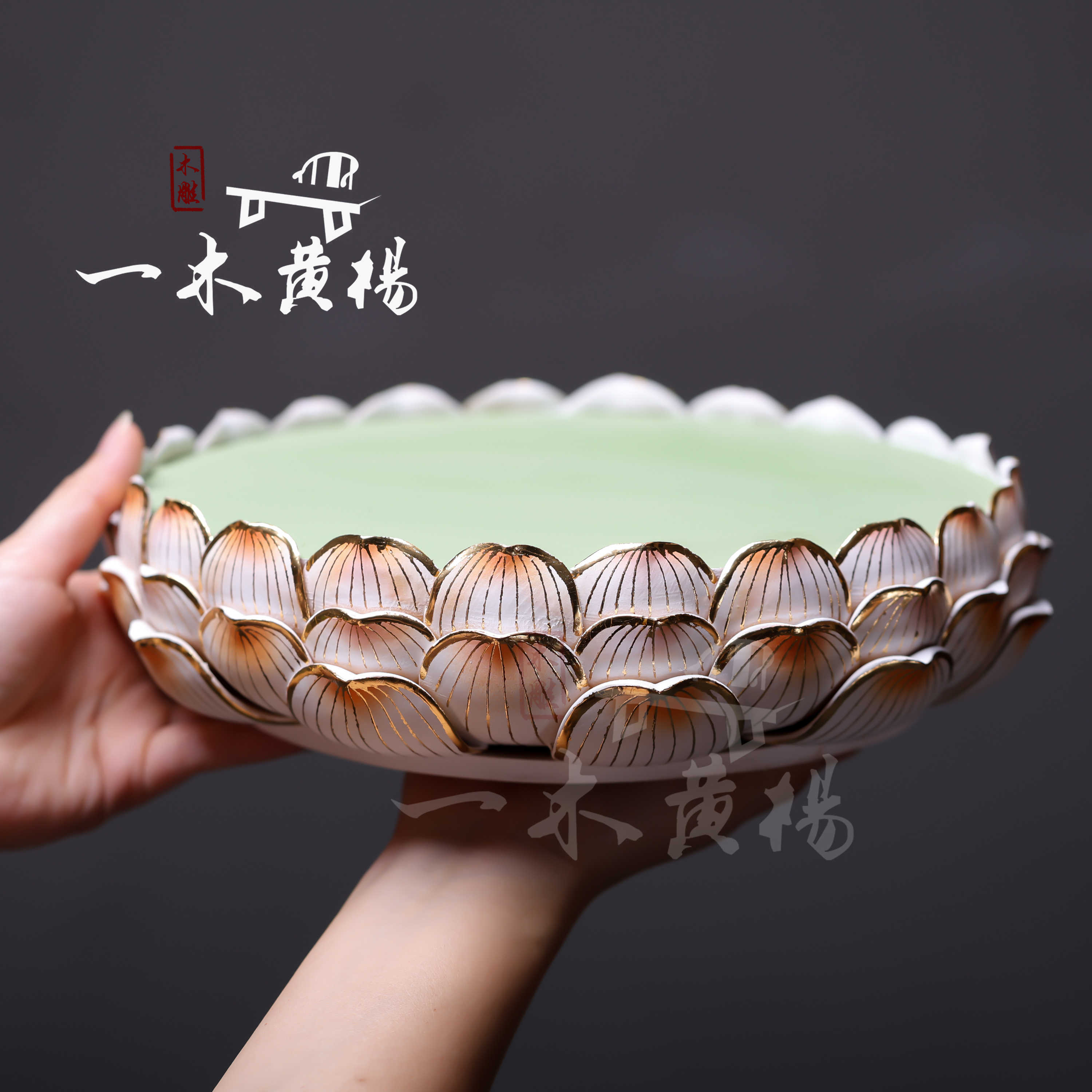 何佳功描金彩绘桧木精雕刻莲花台底座手工花瓣佛像神像加高圆形座摆件