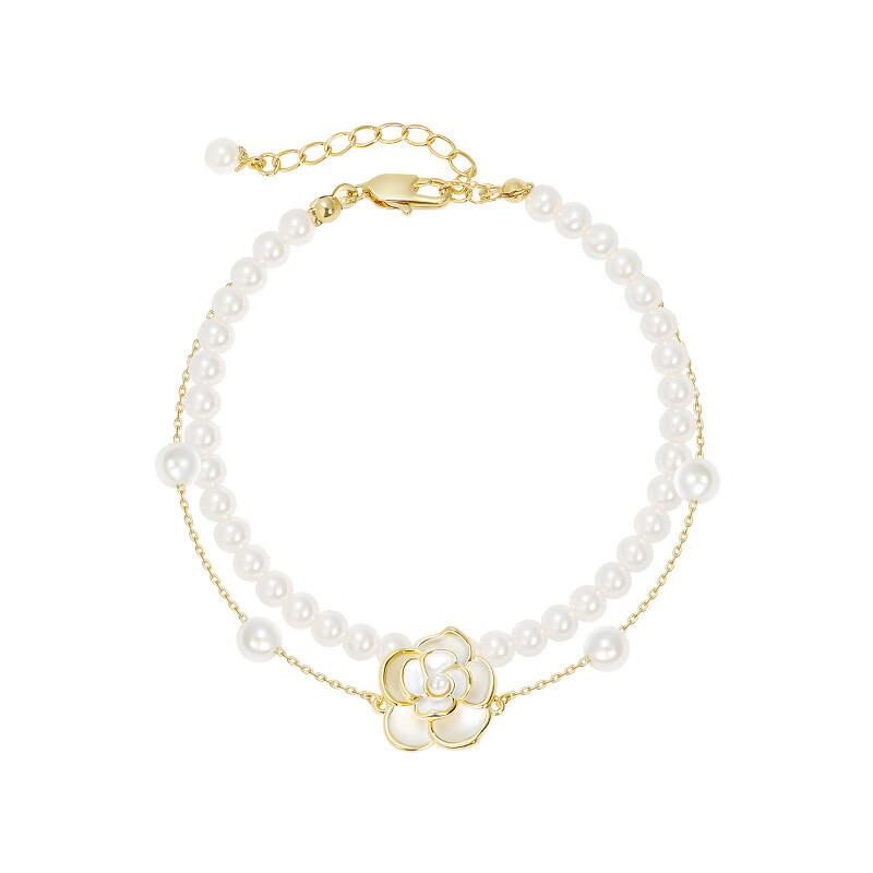 萱子飾品珍珠山茶花手鏈女雙層手鏈輕奢小眾手飾 金色 21cm