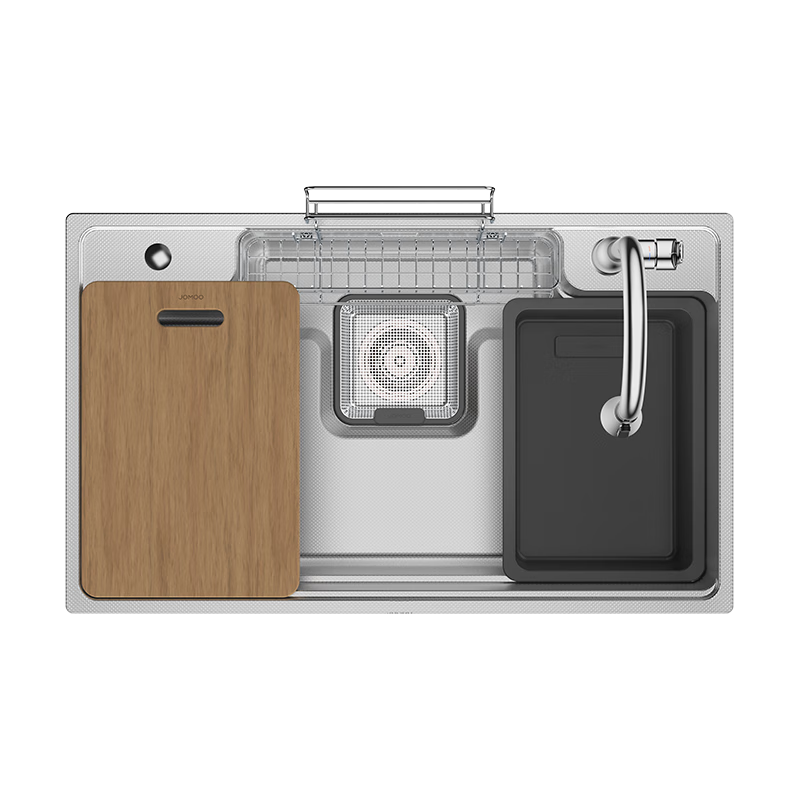 九牧（JOMOO）不銹鋼多功能壓紋大單槽集渣收納水槽洗菜盆80*48含龍頭02370
