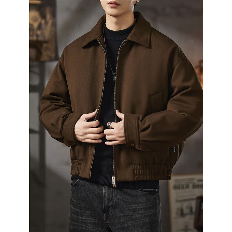 邦约恋人2025冬季新款翻领休闲羽绒服夹克外套男士感短款宽松休闲上衣 黑色 GY7313 2XL 建议体重 166-180斤