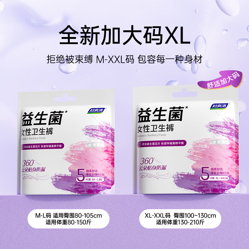 妇炎洁益生菌卫生裤拉拉裤安睡裤0荧光剂360°贴身防侧漏日夜守护姨妈裤 XL-XXL码 20条 130-210斤 4包【超大码】