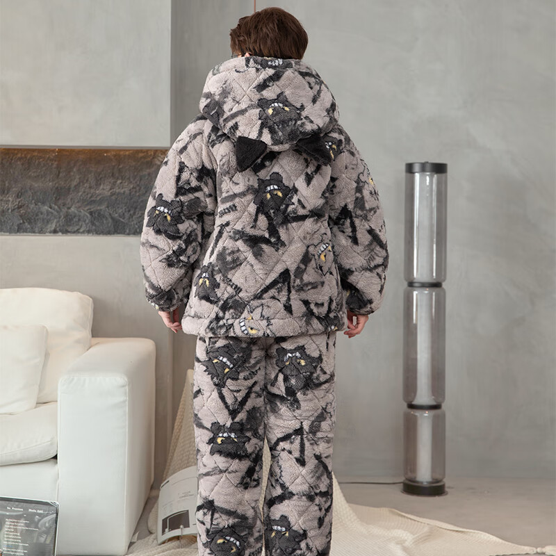 萧淑妃珊瑚绒睡衣男冬季加绒加厚保暖卡通青少年三层夹棉开衫家居服套装 耿鬼 M