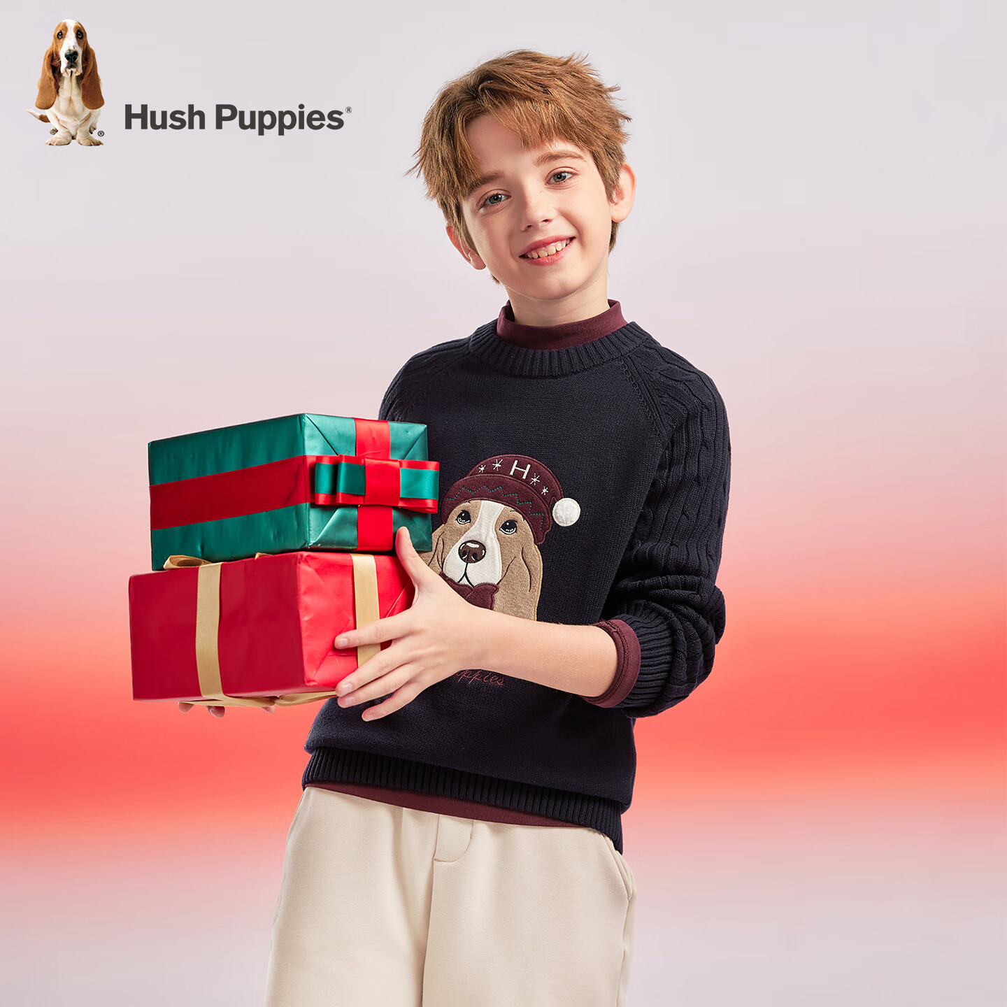 暇步士（Hush Puppies）童装儿童男女大童2025冬季新款圣诞系列云端棉感温柔呵护套头线衣 藏蓝 150 cm