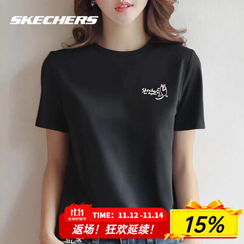 斯凯奇（Skechers）短袖女夏季2025新款黑色圆领T恤针织休闲运动透气短袖 黑色-03K8 XS /150/76A