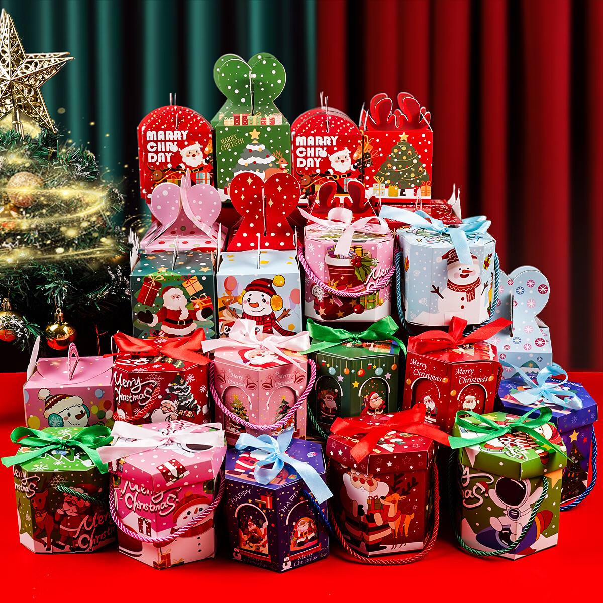 新款圣诞苹果盒平安夜苹果礼盒圣诞节包装盒儿童糖果礼品袋礼物盒 镂空款40个混发