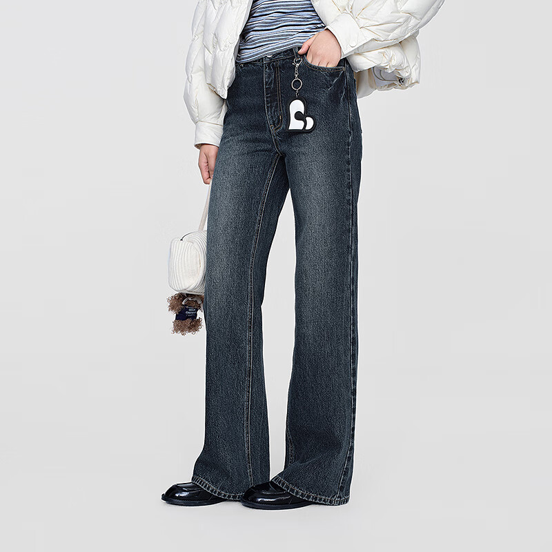 乐町【商场同款】乐町水洗牛仔长裤秋冬新款高腰通勤直筒裤C2HAF4262 牛仔深蓝(现货) S