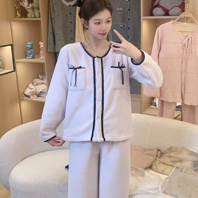 LangSha睡衣女冬季2025新款半边绒保暖法兰绒珊瑚绒加厚秋冬家居服可外穿 JR-R3040半边绒 XL 【建议120-140斤】
