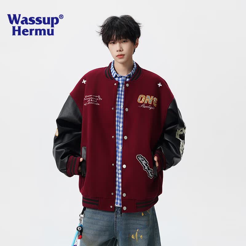 WASSUP HERMU官方外套男春秋季高街痞帅棒球领夹克美式刺绣设计学生穿搭棒球服 枣红 S （推荐100-120斤）