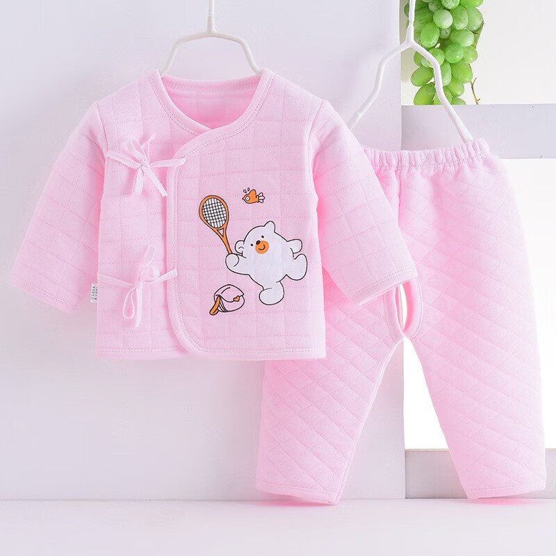 糖贝新生婴儿宝宝衣服分体套装秋冬保暖纯棉三层夹棉男女宝内衣和尚服 粉色小象-【保暖套装】 59cm（1-3个月） 体重8-12斤
