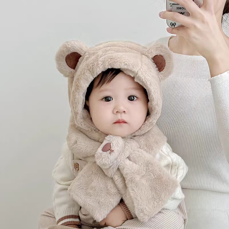 彩虹房子儿童新款秋冬季外出男女宝宝百搭保暖护加绒加厚耳帽合集 圆耳熊鼻子一体帽米色参考6-24个月（45-49cm）