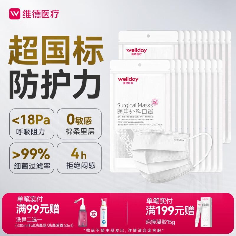维德（WELLDAY）一次性成人医用外科口罩200只秋冬透气防尘防花粉雾霾口罩灭菌级