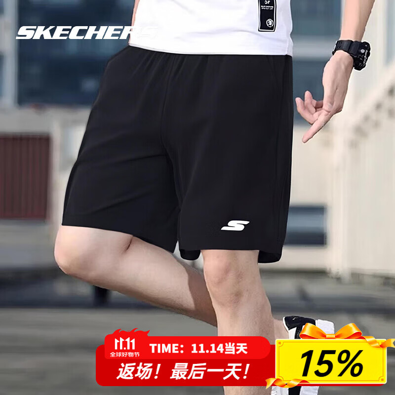 斯凯奇（Skechers）短裤男夏季2025新款梭织裤子宽松透气黑色快干运动裤 03K8/黑色 XL /180/82A