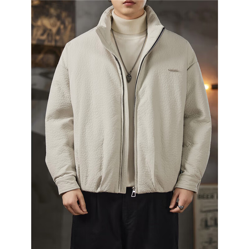 邦约恋人潮牌美式复古米色立领夹克男士2025秋冬新款时尚潮痞帅羽绒外套男 纯黑色 GY7330 3XL 建议体重 181-205斤