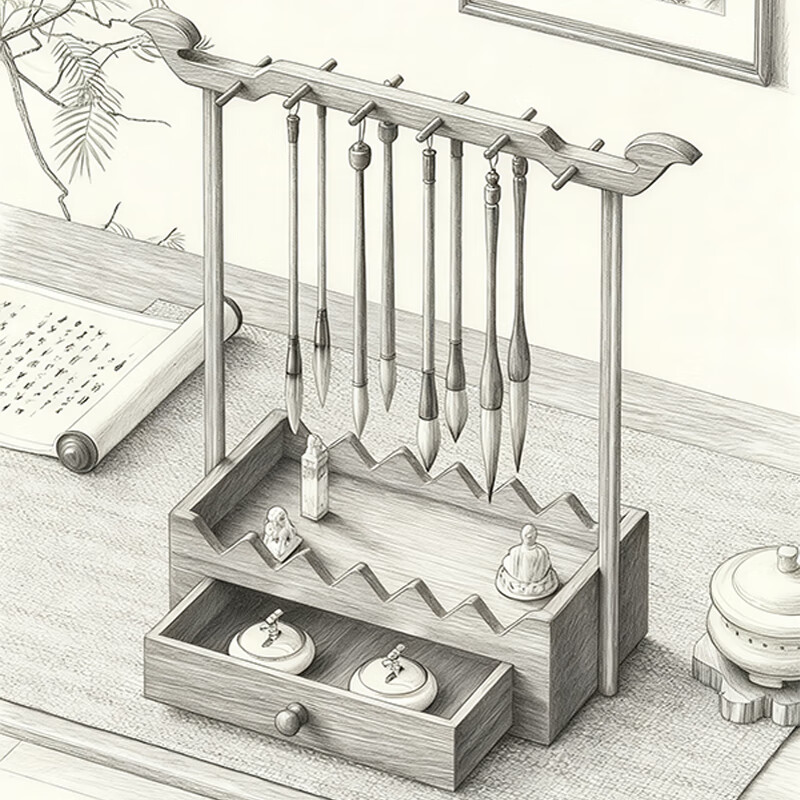 尔思家实木毛笔笔架古风挂架文房书法收纳置物架多功能笔托初学者毛笔架 经典款双面可挂