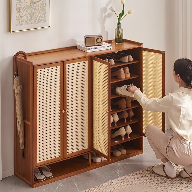 馨婺家鞋柜家用门口多层防尘简易楠竹鞋架子室内出租屋用收纳鞋子入户柜 七层-双门塑藤【加厚楠竹】